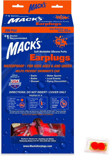 Macks Soft Moldable Silicone Putty Earplugs - Kids Size, 200 Pair Dispenser  Comfortable Small Ear Plugs For Swimming, Bathing, Travel, Loud Events And Flying | Made In Usa