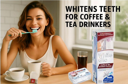 White Glo Premium Coffee & Tea Drinkers Formula Intense Extra Whitening Toothpaste & Toothbrush-100 Ml ((With Sanitral 50 Pcs Dental Floss Stick Included As A Gift)