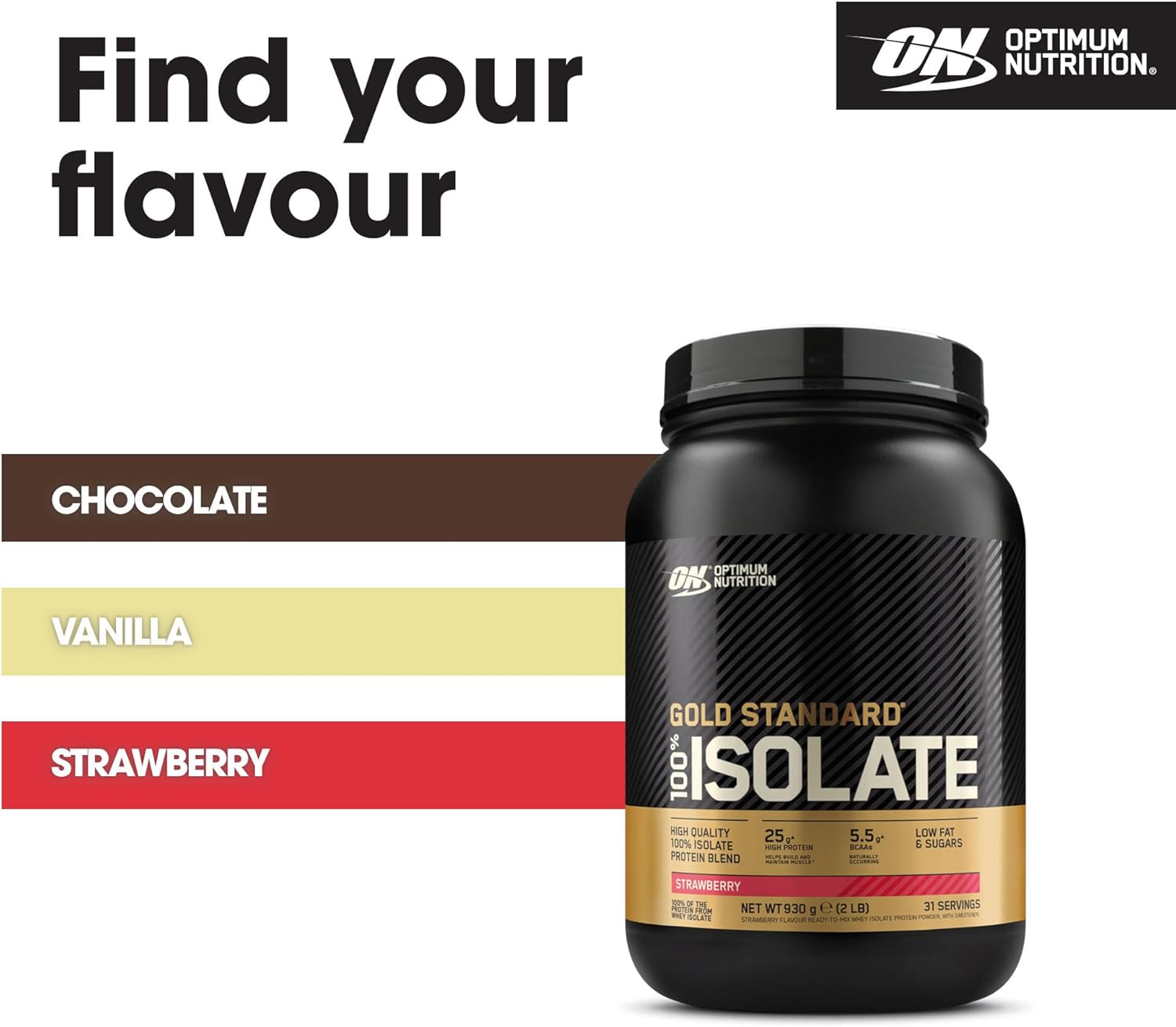 Optimum Nutrition ON Gold Standard 100% Isolate Pure Whey Protein, Naturally Occurring BCAAs and Glutamine, Pre and Post Workout, Strawberry Flavour, 31 Servings, 930 g : Amazon.co.uk: Health & Personal Care