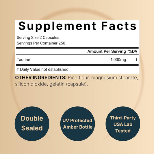 Naturebell Taurine 1,000Mg Per Serving, 500 Capsules | Essential Amino Acids Supplement – Double Strength – Antioxidant Support For Heart, Muscle, Brain, & Liver Health – Non-Gmo, Gluten Free