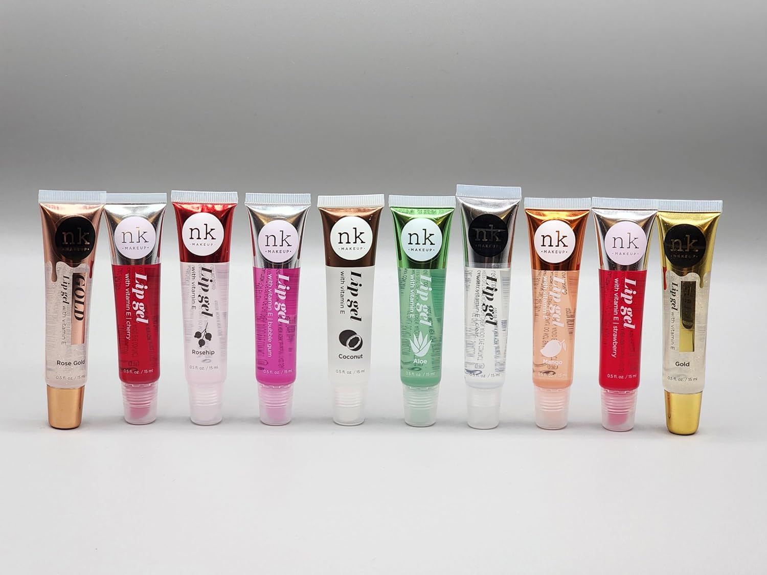 10 Pack!! Nicka K New York Lip Gel With Vitamin E (Gold, Rose Gold, Bubble Gum, Cherry, Strawberry, Aloe, Coconut, Mango, Rosehip & Clear)