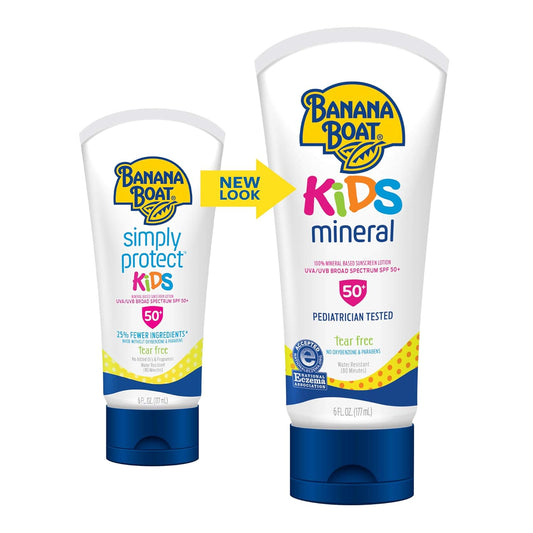 Banana Boat Kids 100% Mineral Sunscreen Lotion Spf 50, Twin Pack | Kids Sunscreen, Kids Sunblock, Banana Boat Mineral Sunscreen For Kids, Oxybenzone Free Sunscreen Spf 50, 6Oz Each (Pack Of 2)