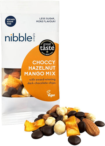 Nibble Simply Choccy Hazelnut Mango Mix With 81% Cocoa Mass Dark Chocolate Chips | Trail Mix | No Ultra-Processed Ingredients | No Refined Sugar