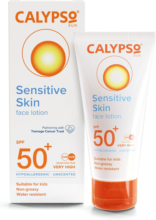 Calypso Sensitive Skin Face Sun Lotion | Spf 50+, Very High Protection, Hypoallergenic Sunscreen, Suitable For Kids, Water Resistant, 50Ml