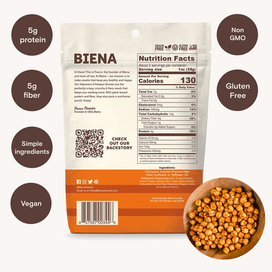 Biena Crispy Roasted Chickpea Snacks - Habanero, High Protein Snacks, High Fiber Snacks, Gluten Free, Plant-Based, Allergy Friendly, Non-Gmo, 8-Pack 5 Ounce Bags