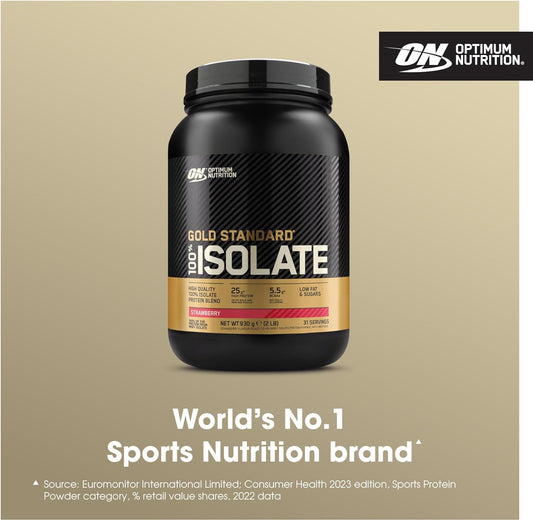Optimum Nutrition On Gold Standard 100% Isolate Pure Whey Protein, Naturally Occurring Bcaas And Glutamine, Pre And Post Workout, Strawberry Flavour, 31 Servings, 930 G