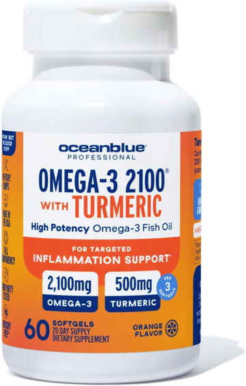 Oceanblue Professional Omega-3 2100 With Turmeric - 60 Count - Triple Strength Burpless Fish Oil For Heart Health, Joint Support Supplement - 20 Servings