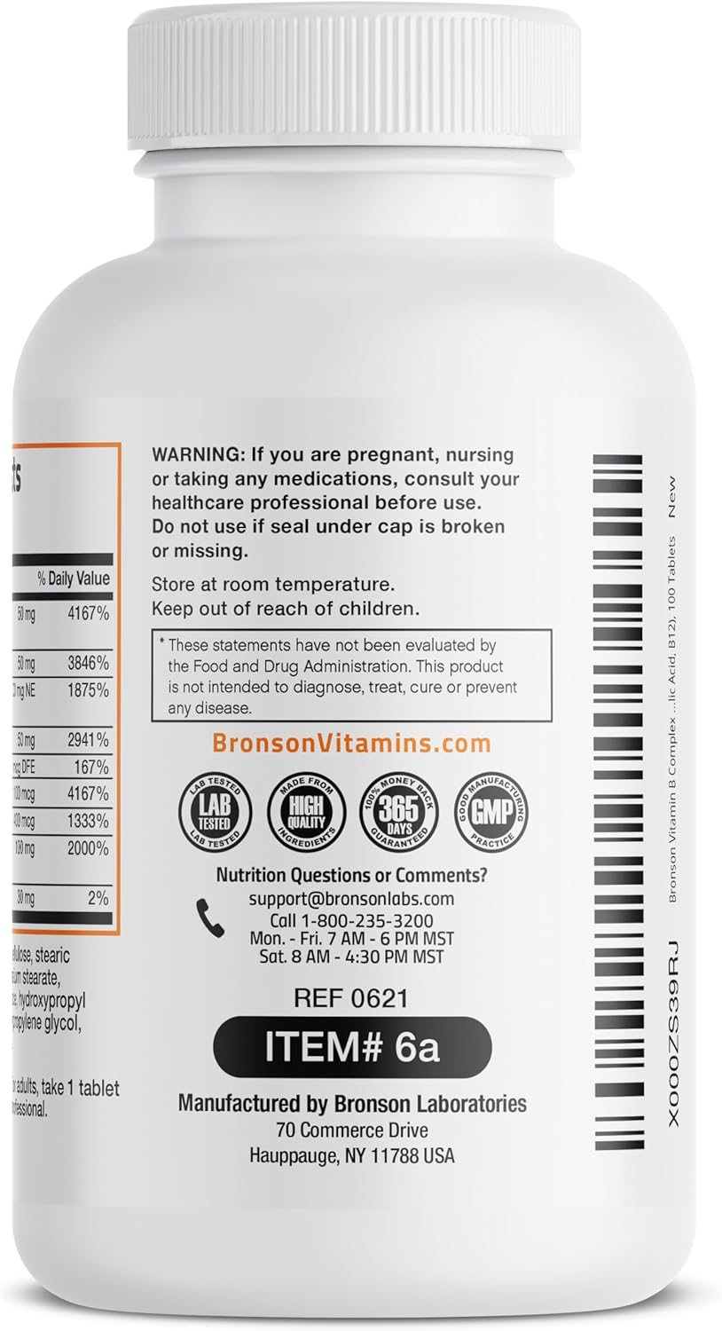 Bronson Vitamin B Complex (Vitamin B1, B2, B3, B6, B9 - Folic Acid, B12), 100 Tablets