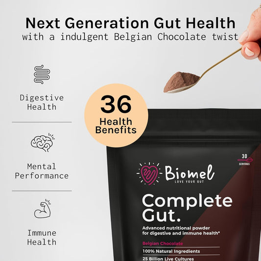 Biomel Complete Gut - Belgian Chocolate - Advanced Gut Health - 450G/30 Servings - Vegan Friendly - Gluten Free - Delicious & Effective
