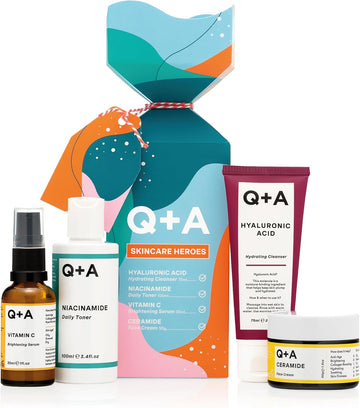 Q+A Skincare Heroes Gift Set, Contains Hyaluronic Acid Hydrating Cleanser 75Ml, Vitamin C Brightening Serum 30Ml, Ceramide Face Cream 50G, And Niacinamide Daily Toner 100Ml