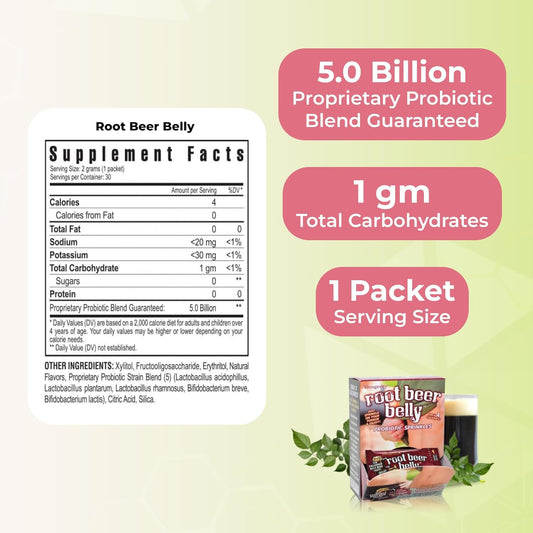 Youngevity Root Beer Belly Probiotic Sprinkles - Kid Friendly Old Fashioned Root Beer Taste - 5 Billion Cfu - 5 Powerful Strains - Bowel & Digestive Support - 30 Count