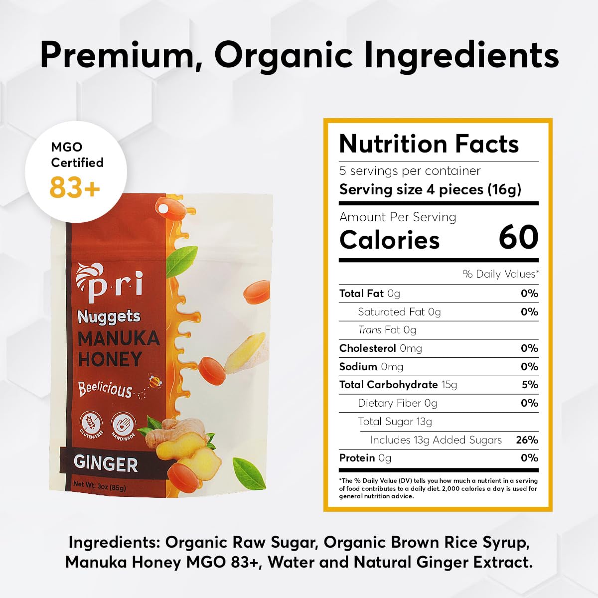 P.R.I Manuka Honey & Ginger Nuggets, Sweet And All Natural Hard Candy Treat, 3Oz : Grocery & Gourmet Food