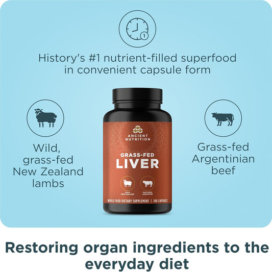 Ancient Nutrition Organ Supplements, Grass-Fed And Wild Organ Complex Capsules, Beef & Lamb Liver, Supports Healthy Blood, Gut, And Liver, 180 Ct