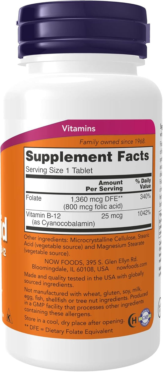 Now Supplements, Folic Acid 800 Mcg + B-12 (Cyanocobalamin) 25 Mcg, B Complex Vitamin, 250 Tablets (Pack Of 2)