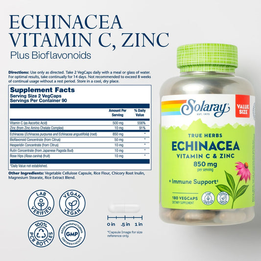 Solaray Echinacea Vitamin C & Zinc 850Mg Plus Bioflavonoids, Echinacea Capsules For Healthy Immune Support, Vegan, Lab Verified, 60-Day Money-Back Guarantee, 90 Servings, 180 Vegcaps