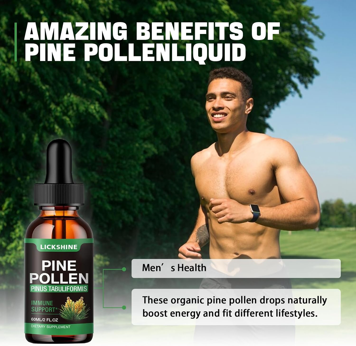 Lickshine 1 Pack Pine Pollen Tincture - Organic Pine Pollen Powder Liquid Drops Extract For Immune Support, Sugar Free Natural Herbal Supplement - Vegan Pine Pollen Drops 2 Fl.Oz. : Health & Household