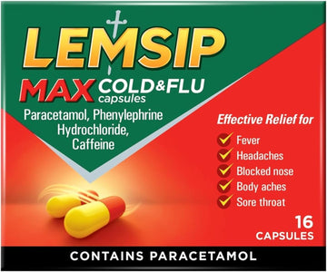 Lemsip Max Cold And Flu, Paracetamol Capsules, Lemon, 16 Total, Cold And Flu Relief, Fever, Headache, Nasal Congestion Relief, Max Strength, Effective Relief, Cold And Flu, Medication