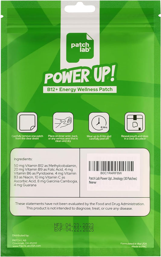 Patch Lab Power Up! Energy Patches - Focus, Mood & Energy Support Patch With Natural Ingredients, Sustained Release Energy Without The Crash - 30 Large Patches