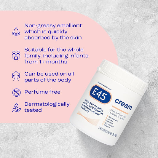 E45 Cream 500 G Tub – Moisturiser For Dry Skin And Sensitive Skin - Emollient Body Cream To Soothe Dry And Irritated Skin - Itchy Skin, Eczema Cream - Perfume-Free Face Cream And Non-Greasy Hand Cream