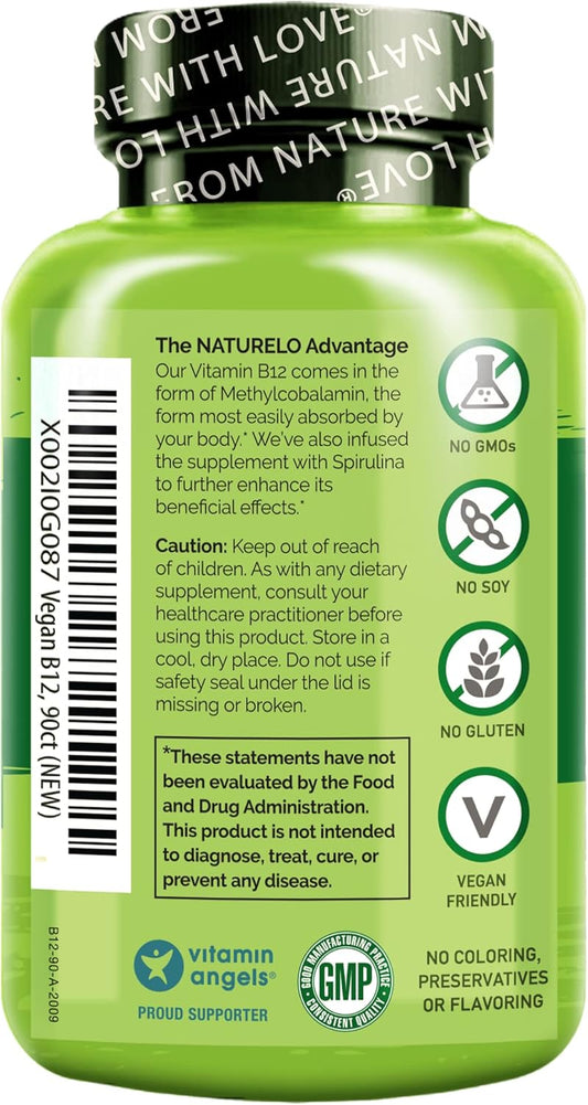 Naturelo Vegan B12 - Methyl B12 With Organic Spirulina - High Potency Vitamin B12 1000 Mcg Methylcobalamin - Supports Healthy Mood, Energy, Heart & Eye Health - 90 Capsules