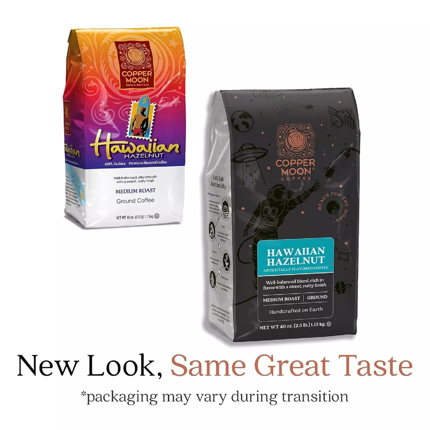 Copper Moon Ground Coffee, Light Roast, Hawaiian Hazelnut Blend, 40 Oz