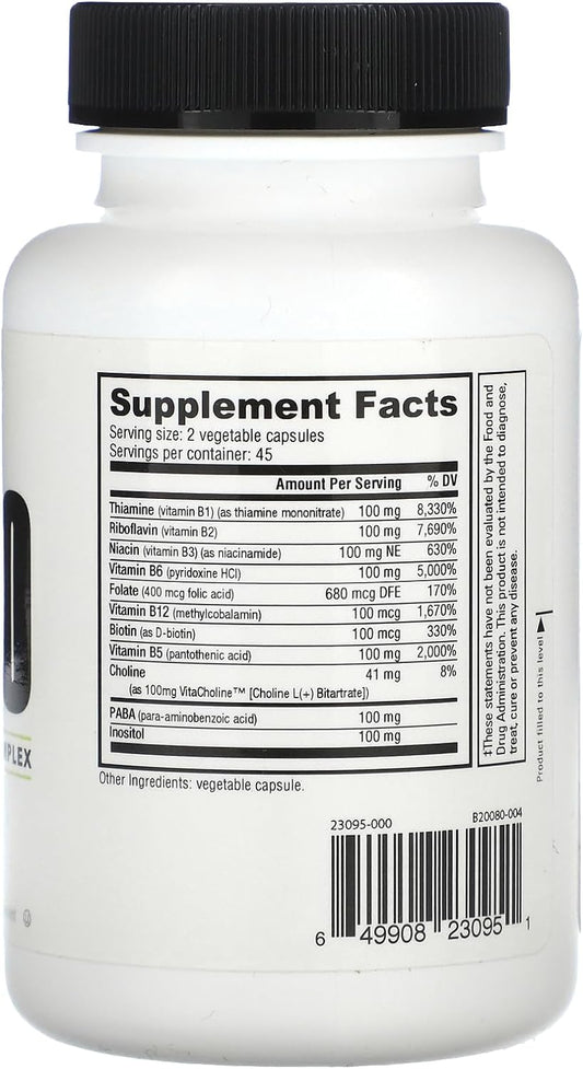 NutraBio B-100, B Vitamin Complex, Immune System & Nervous System Support, Healthy Hair, Skin, Nails, 90 Vegetable Capsules : Health & Household
