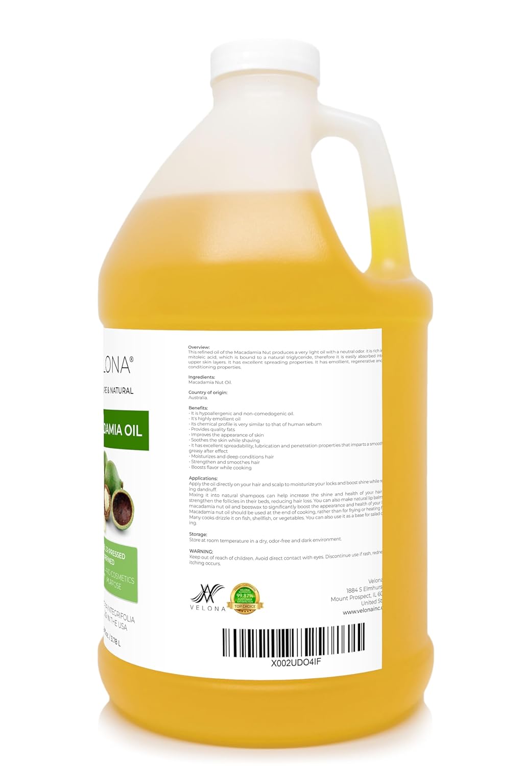 velona Macadamia Nut Oil 1 Gallon / 128 Fl Oz | 100% Pure and Natural Carrier Oil | Refined, Cold pressed | Cooking, Skin, Hair, Body & Face Moisturizing | Use Today - Enjoy Results : Beauty & Personal Care