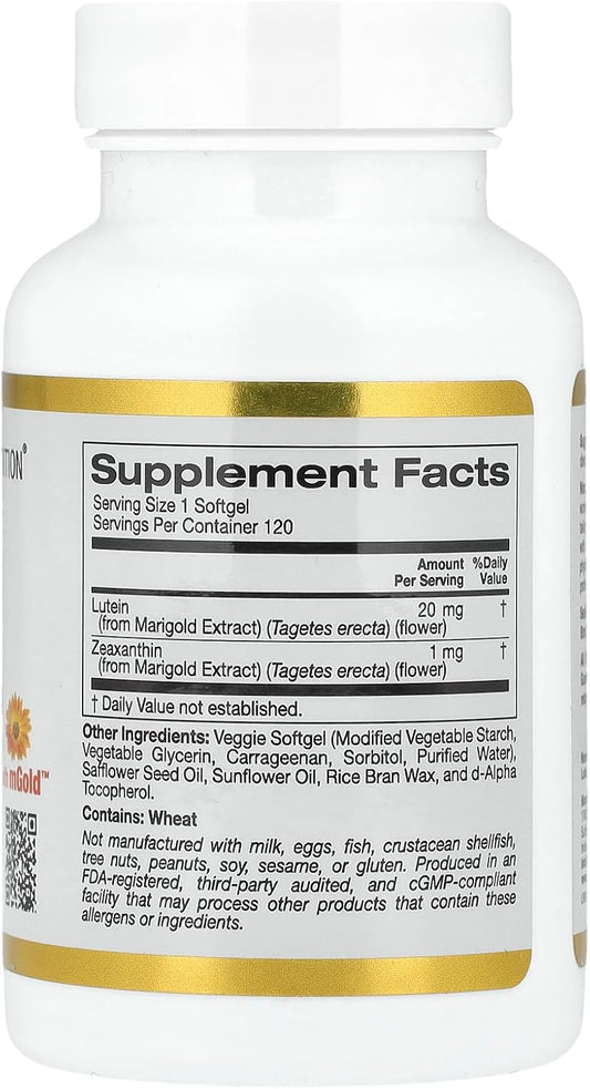 Lutein With Zeaxanthin, Extracted From Marigold Flowers, Supports Overall Macular Health, Non Gmo, Soy Free, Gluten Free, 20 Mg, 120 Veggie Softgels