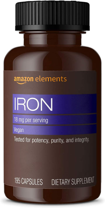 Amazon Elements Iron 18Mg Capsules, Supports Red Blood Cell Production, Vegan, 195 Count, 6 Month Supply (Packaging May Vary)
