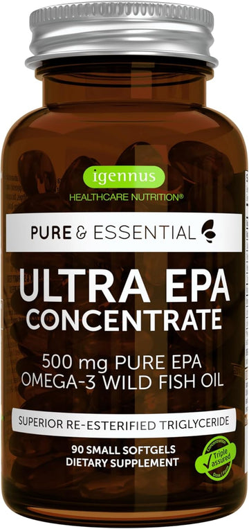 Igennus Ultra Pure Omega-3 Epa 500Mg, Highly Concentrated Ifos Certified Wild Fish Oil, Advanced Rtg Triglyceride Form, Non-Gmo, 90 Small Softgels