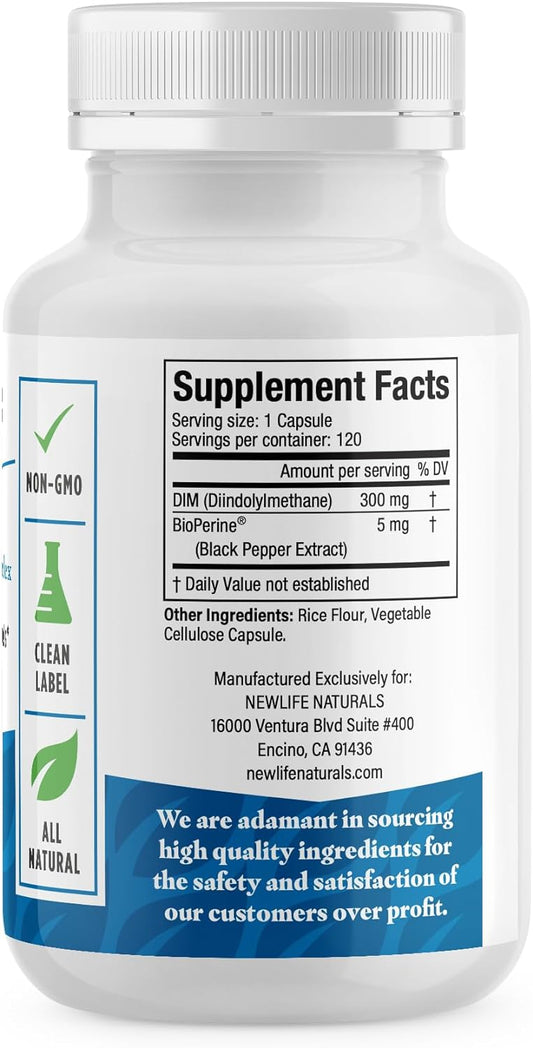 Newlife Naturals Dim Supplement 300Mg For Women & Men - Hormonal Acne, Estrogen Balance Pills, Post Menopause Relief | Healthy Estrogen Level | Hormonal Balance - Bioperine | Pcos - 120Ct