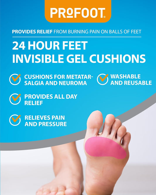 Profoot 24 Hour Feet - Invisible Gel Cushions - Comfortable Cushions For Metatarsalgia And Morton'S Neuroma - Provides Relief From Burning Pain On Balls Of Feet (2 Pairs)