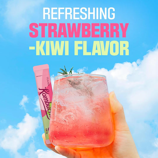 Teazen Strawberry Kiwi Kombucha Tea, Hydration Drink Mix, Sugar Free, Live Probiotics & Prebiotics, 10 Sticks, 1.76Oz