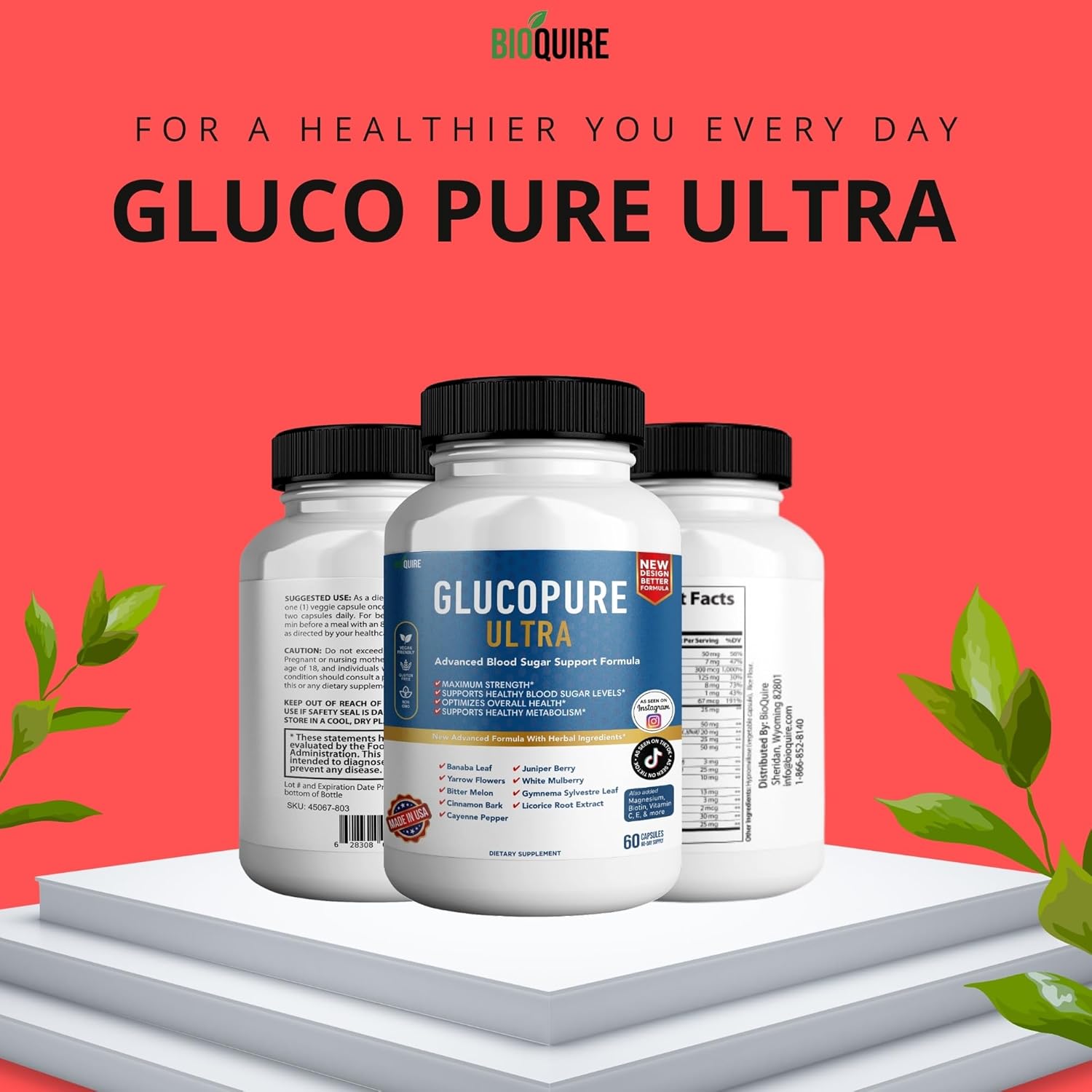 Bioquire Gluco Pure Ultra Dietary Supplement, 60 Capsules, Maximum Strength, Supports Healthy Blood Sugar Levels, Optimizes Overall Health (5) : Health & Household