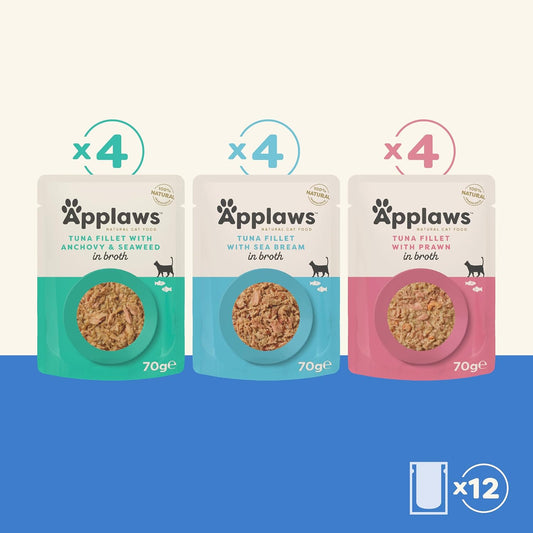 Applaws 100% Natural Wet Cat Food, Pouch Multipack Tuna Selection In Broth, 70 G (12 X 70 G Pouches)8015Ml-A