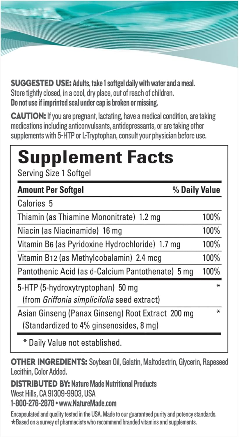 Nature Made Wellblends Positive Mood & Energy, 5HTP, Thiamin, Niacin, Vitamin B6, Vitamin B12, and Pantothenic Acid, plus Ginseng, 24 Softgels : Health & Household