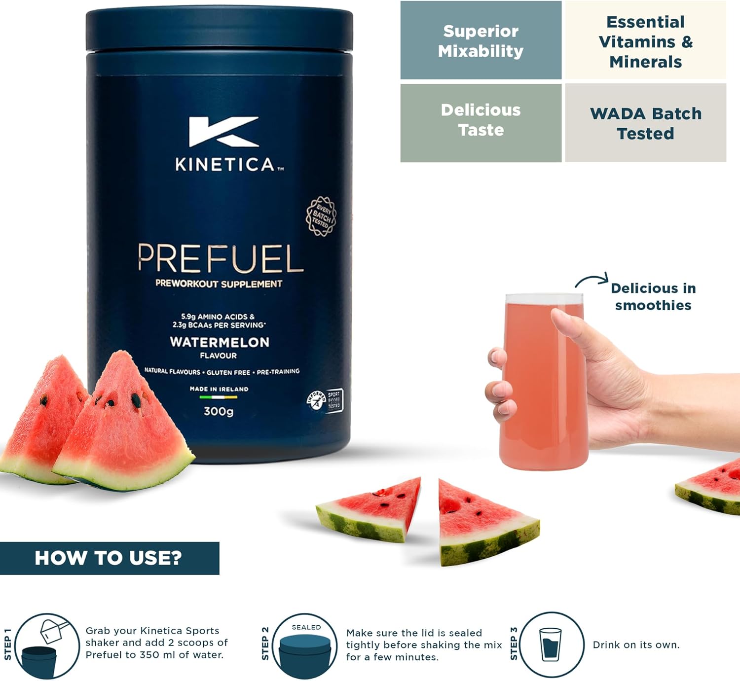 Kinetica Sports Prefuel Pre Workout-Watermelon Flavour |5.9g Amino Acids Blend, 2.3g BCAA's & 95mg Caffeine/Serve, 30 Servings/300g|With Essential Vitamins Minerals|Supports Performance & Energy Boost : Amazon.co.uk: Health & Personal Care