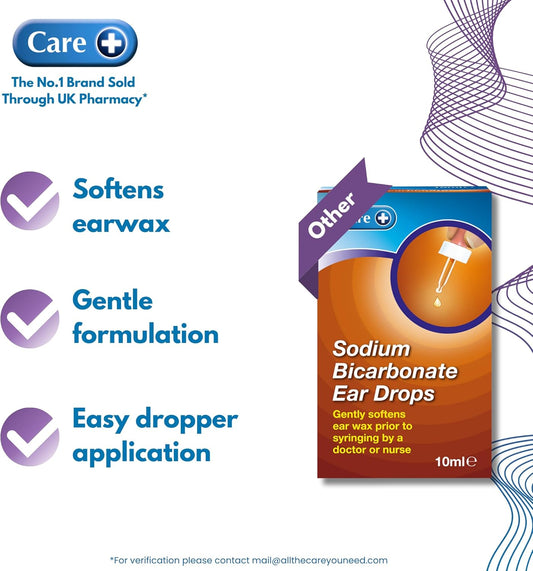 Care Sodium Bicarbonate Ear Drops, Simple, Effective And Gentle, Softens Ear Wax, Suitable From Children 1+ Years Old, Dropper Included, 10Ml Drops