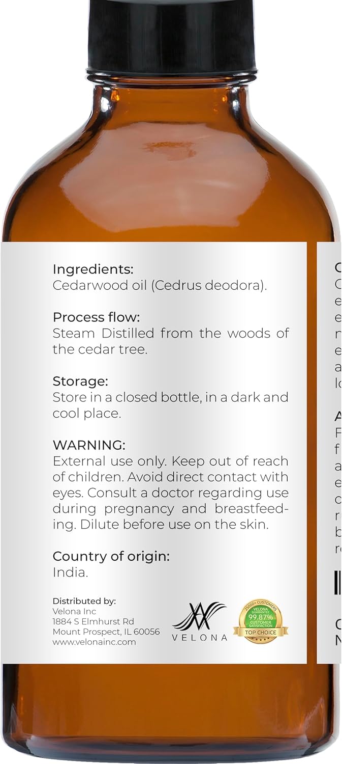 velona Cedarwood Essential Oil by Velona - 4 oz | Therapeutic Grade 100% Pure and Natural | for Aromatherapy Diffuser, Massage, Skincare, Haircare, Soapmaking : Health & Household