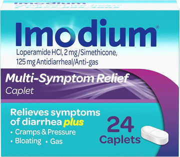 Imodium Multi-Symptom Relief Caplets With Loperamide Hydrochloride And Simethicone, Anti-Diarrheal Medicine For Treatment Of Diarrhea, Gas, Bloating, Cramps & Pressure, 24 Ct