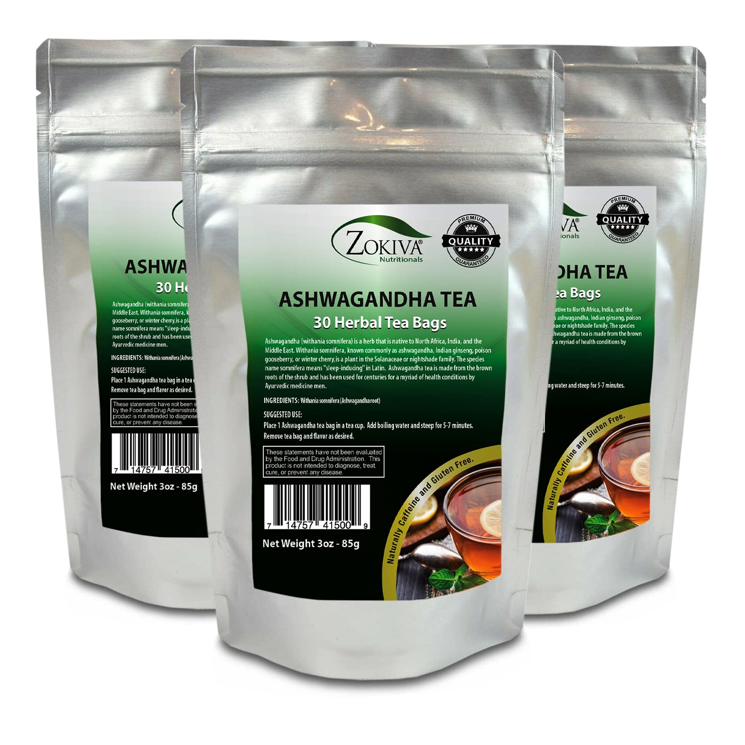 Ashwagandha Tea Organic 3-Pack (90 Bags) Premium Quality 100% Pure Root -Withania Somnifera