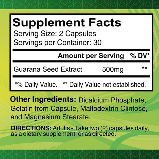 Alfa Vitamins Guarana 500 Mg Natural Herbal Caffeine Energizer Supplement - 60 Capsules