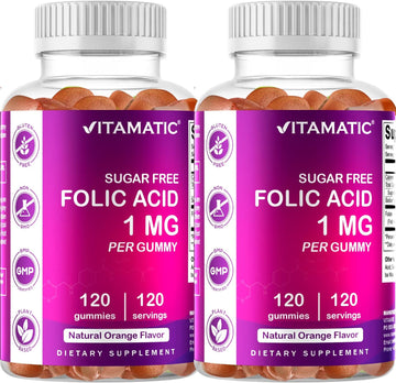 2 Pack Vitamatic Folic Acid Gummies 1000 Mcg (1 Mg) - An Essential Prenatal Vitamins For Mom & Baby - Vitamin B9 - 120 Vegan Gummies