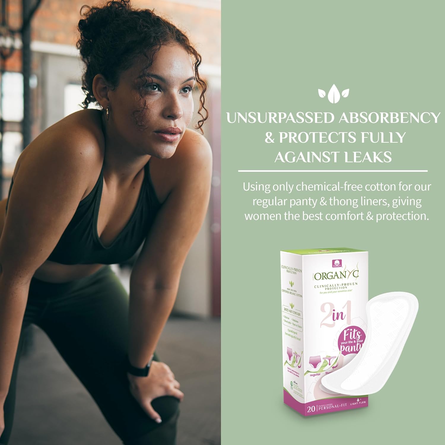 Organyc 100% Certified Organic Cotton 2 In 1 Panty Liners For Women Fits Thong Or Regular Underwear, Light Flow, 20 Count : Health & Household