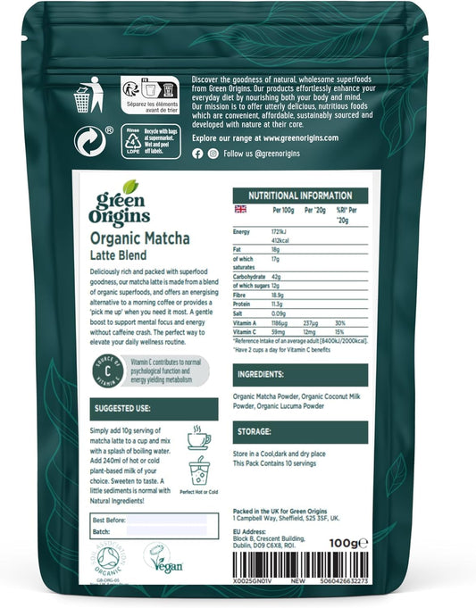 Green Origins Organic Super Japanese Matcha Latte Blend For Slow-Release Energy & Concentration With Lucuma & Coconut Milk |10 Servings, 100G | Vegan, Dairy Free, Gluten Free, No Added Sugar