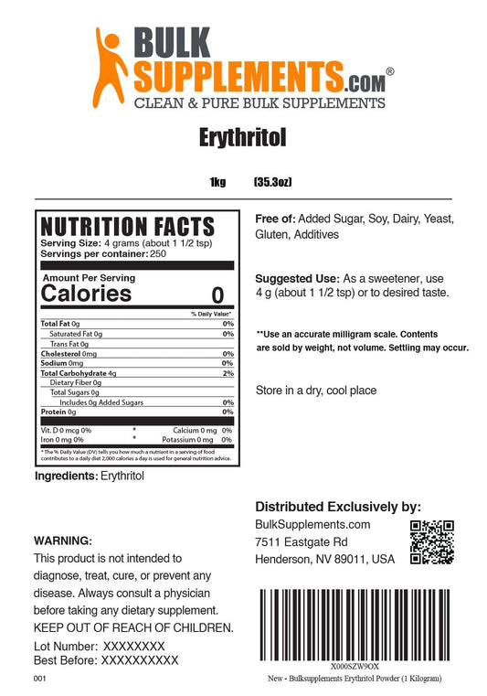 Bulksupplements.Com Erythritol Sweetener Granular - Zero Calorie Sweetener, Granulated Erythritol Powder - Sugar Substitutes For Baking, Sugar Free, 4G Of Per Serving, 1Kg (2.2 Lbs)