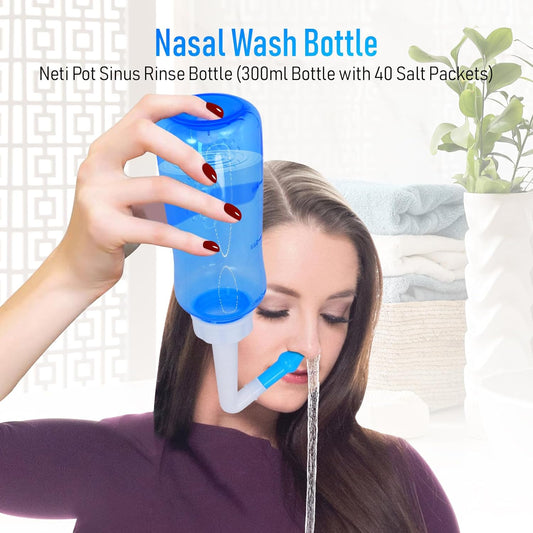 Netty Bottle Sinus Rinse Kit, Nasal Irrigation System For Adults & Kids, 300Ml Neti Pot Sinus Rinse Bottle With 40 Neti Pot Saline Packets, Nose Cleaner Effective Nasal Cleaner & Flush