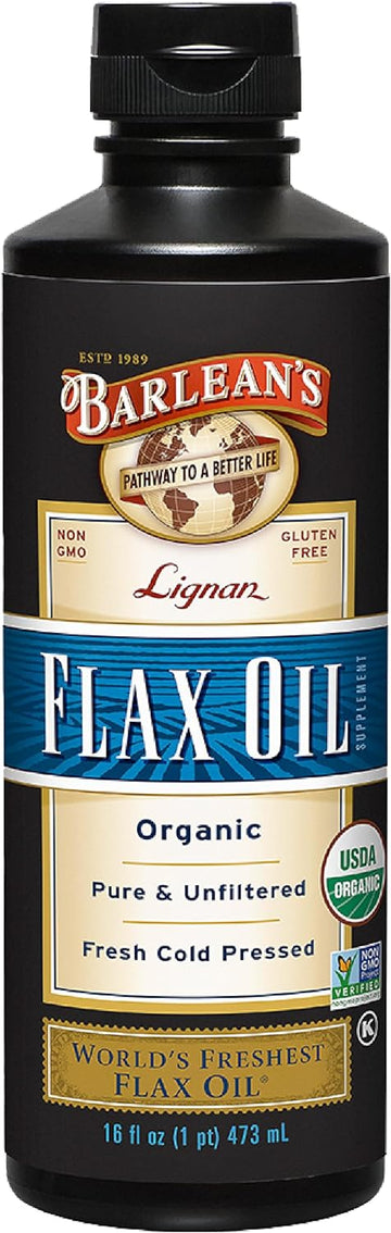 Barlean'S Lignan Flaxseed Oil From Cold-Pressed Flaxseeds - 7,230 Mg Ala Omega-3 Fatty Acids For Improving Heart Health - Vegan, Usda Organic, Non-Gmo, Gluten-Free - 16 Oz