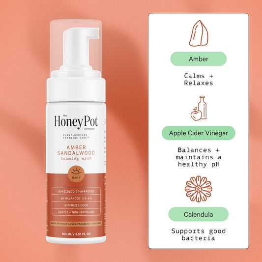 The Honey Pot Company - Feminine Wash - Herbal Infused - Sensitive Skin Types - Ph Balanced Plant Based Hygiene Products - Amber Sandalwood - 5.51 Fluid Oz