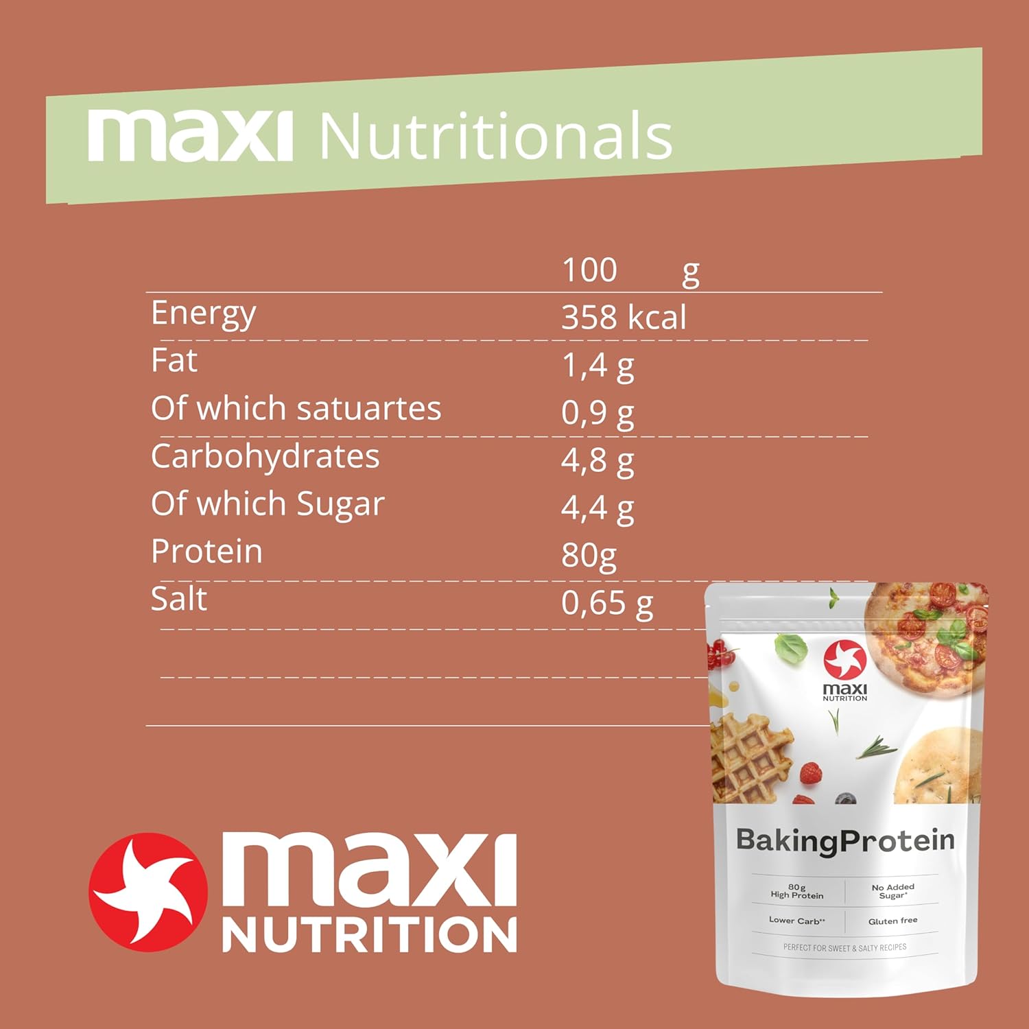 MaxiNutrition Baking Protein - Baking Protein Powder for Cooking and Baking - No Additives - 1 x 500g Bag, Per 100g Serving 80g Protein, 358 Calories : Amazon.co.uk: Health & Personal Care
